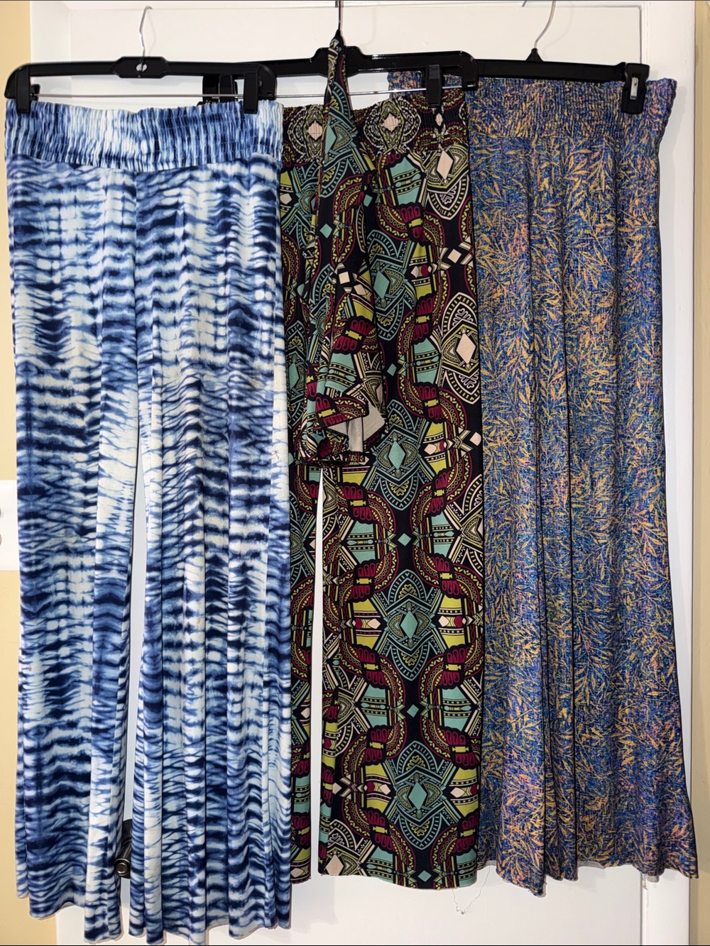 Onzie  Hot Yoga Plazzo pant Blue Tie-Dye, Multi-Pattern, and Blue Floral Palazzo